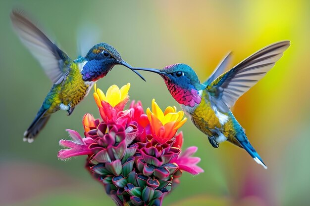 A hummingbird feeding mid-air.