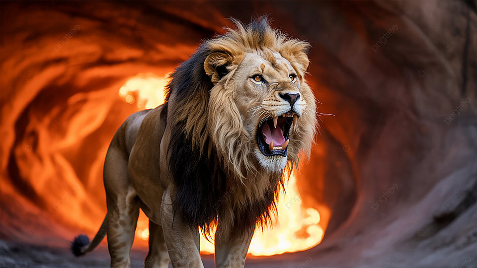 A lion roaring at sunset.